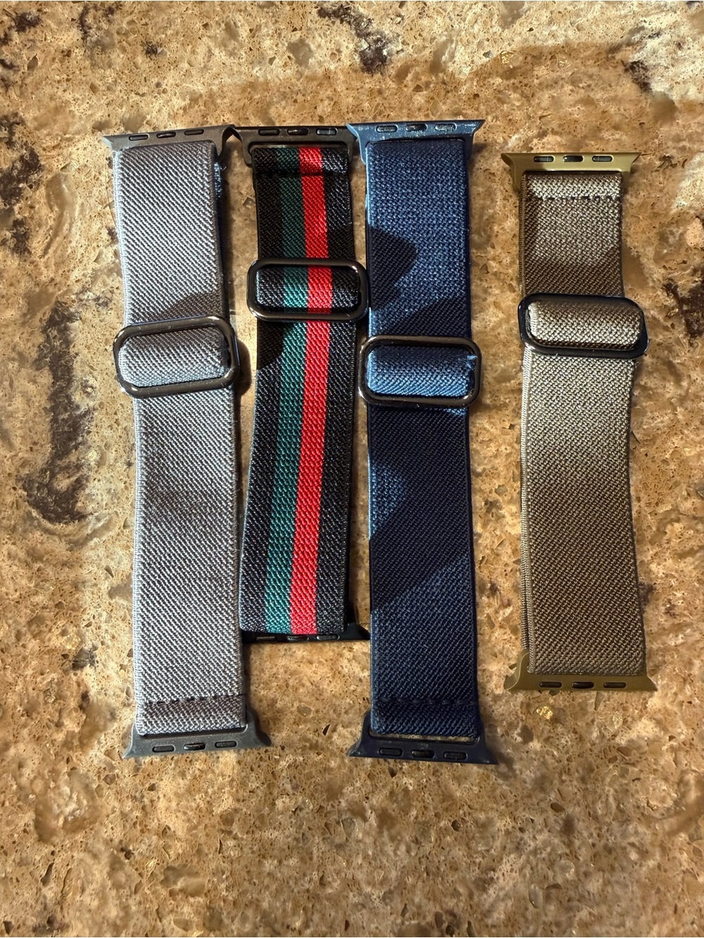 Set of 4 Nylon Apple Watch Bands - Gray, Black/Green/Red Stripe, Navy, Olive